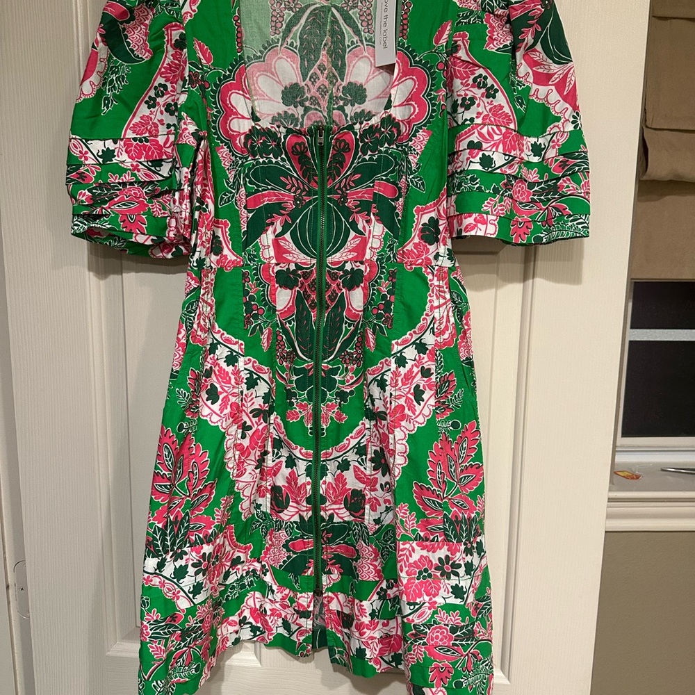 Green and Pink Puff Sleeve Square Neck Mini Sundress